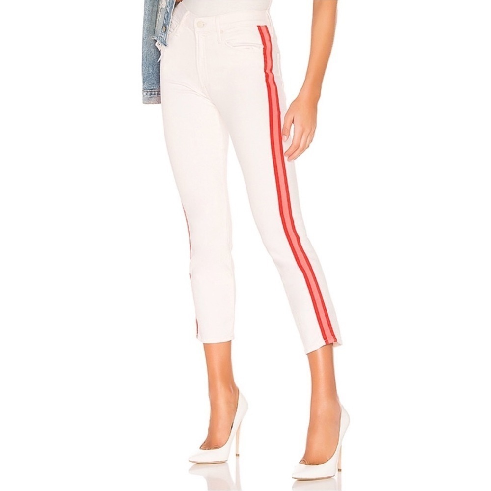 MOTHER White Cropped Jeans with Red Side Stripes